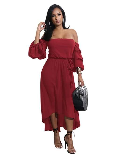 *WILD ROSE* Wine Red Off Shoulder Puff Sleeve Asymmetrical Hem Dress - S/M/L/XL