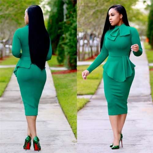 *WILD ROSE* Mint Green Long Sleeve Office Midi Dress With Bow - S/M/L/XL