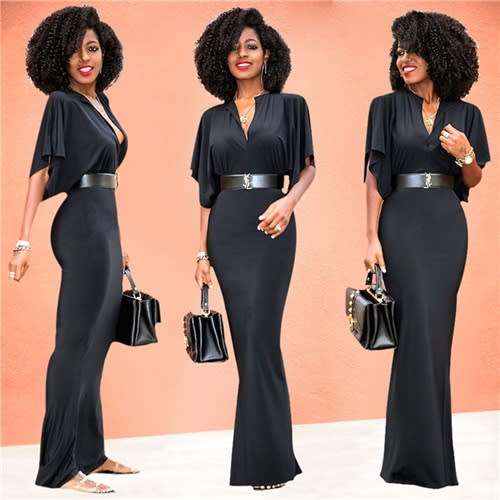 *WILD ROSE* Black V-Neck Short Butterfly Sleeve Maxi Dress - S/M/L/XL/2XL