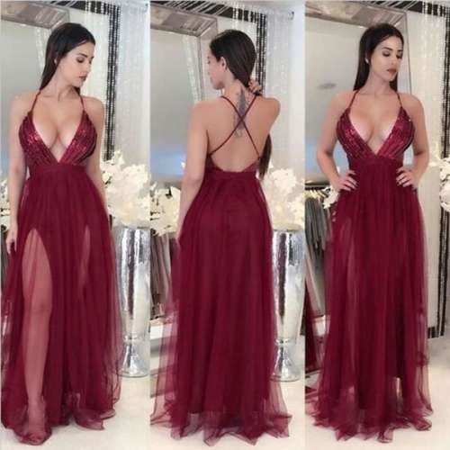 *LOCAL STOCK* Clearance! Double Slit Wine Tulle Evening Dress - MEDIUM