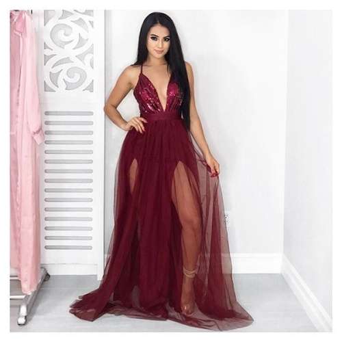 *LOCAL STOCK* Clearance! Double Slit Wine Tulle Evening Dress - MEDIUM