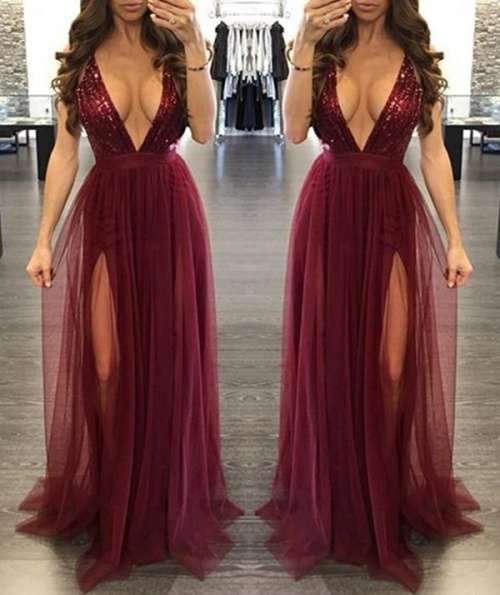 *LOCAL STOCK* Clearance! Double Slit Wine Tulle Evening Dress - MEDIUM