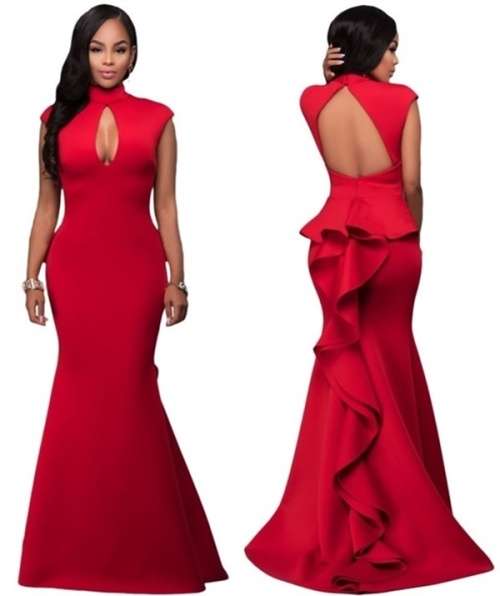 *CLEARANCE SALE* *LOCAL STOCK* Red High Neck Ruffle Back Evening Gown - MEDIUM