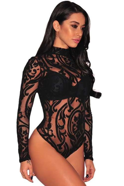 *WILD ROSE* Black Sheer Mesh Print Long Sleeves Bodysuit - S/M/L
