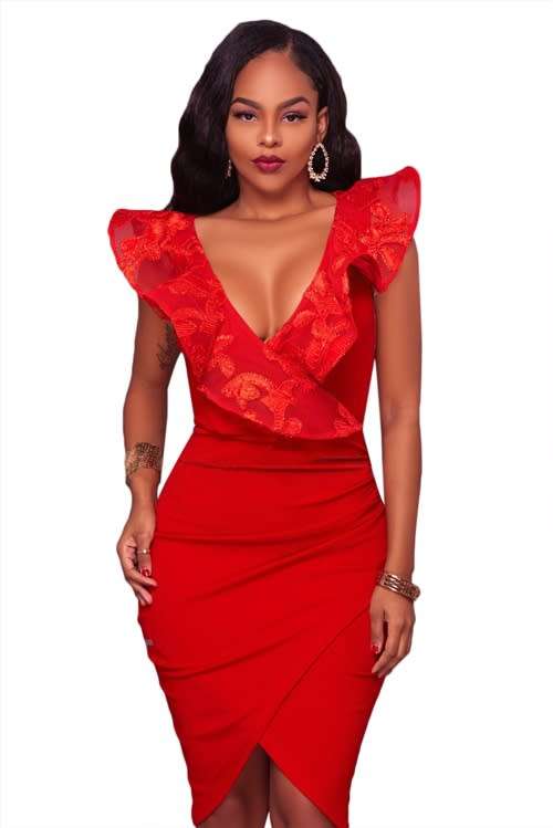 *LOCAL STOCK* Clearance! Red Ruffle V Neck Detail Midi Dress - SMALL