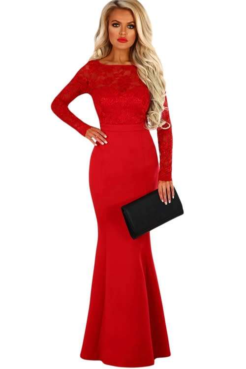 *LOCAL STOCK* Red Lace Long Sleeve Bow Back Maxi Dress - XL