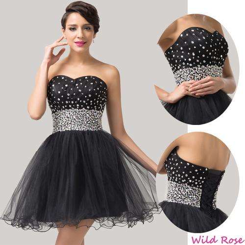 *BLACK* Short Strapless BEADED Matric Formal Bridesmaid Party Dress - SET SIZES - FREE SHIPPING!