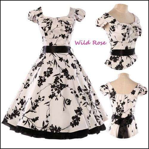 *BLACK & WHITE*  Cotton Floral 50s 60s Retro Rockabilly Swing Pinup Dress - Free Ship!