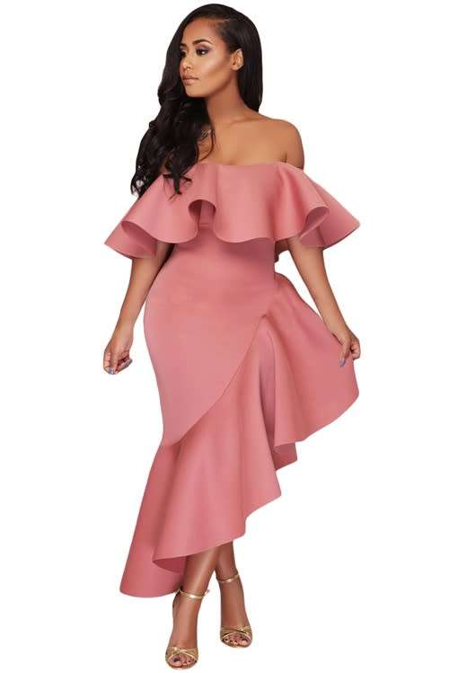 *WILD ROSE* Pink Asymmetric Ruffle Off Shoulder Party Dress - S/M/L/XL