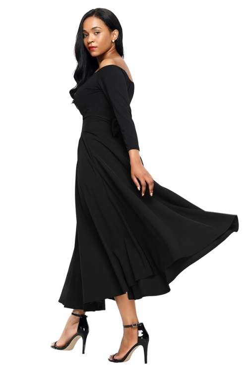 *WILD ROSE* Black Retro High Waist Pleated Belted Maxi Skirt - S/M/L/XL/2XL