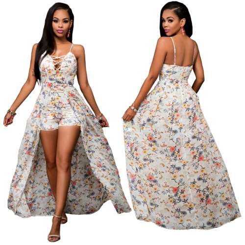 *WILD ROSE* Floral Lace Up Maxi Romper Dress With Shorts - M/L/XL