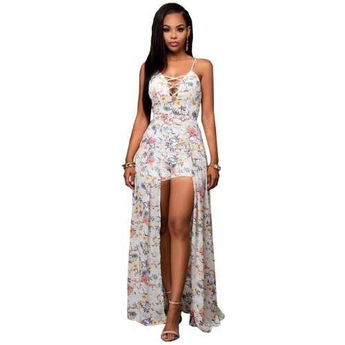*WILD ROSE* Floral Lace Up Maxi Romper Dress With Shorts - M/L/XL