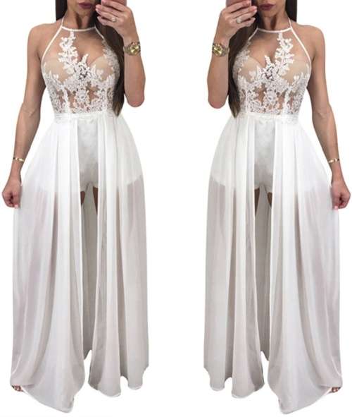 *WILD ROSE* Sexy White Floral Applique Mesh Slit Sleeveless Romper Maxi Shorts Dress - S/M/L/XL