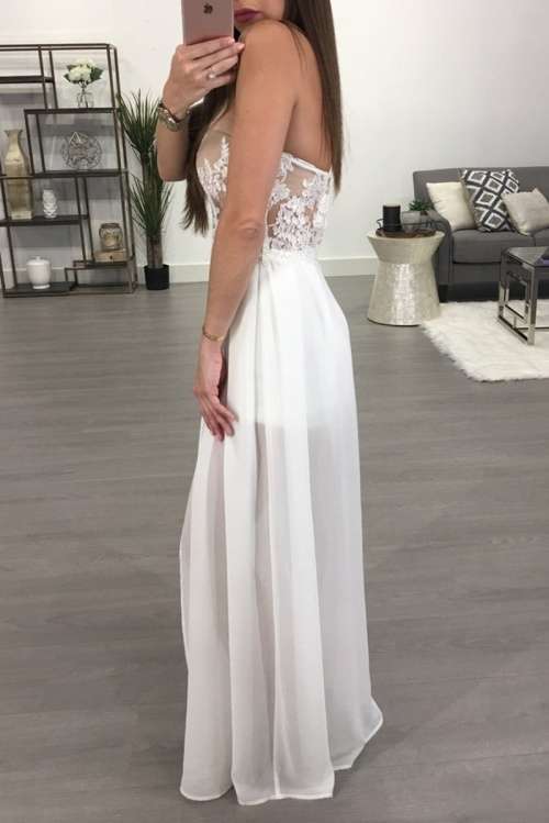 *WILD ROSE* Sexy White Floral Applique Mesh Slit Sleeveless Romper Maxi Shorts Dress - S/M/L/XL