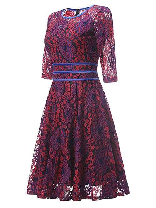 *WILD ROSE* Beautiful Red & Blue 3/4 Sleeve Skater Dress - S/M/L/XL/2XL