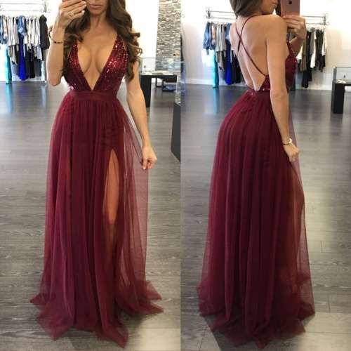 *WILD ROSE* Sexy Wine Red Sequin Low Cut Double Slit Evening Dress - S/M/L/XL