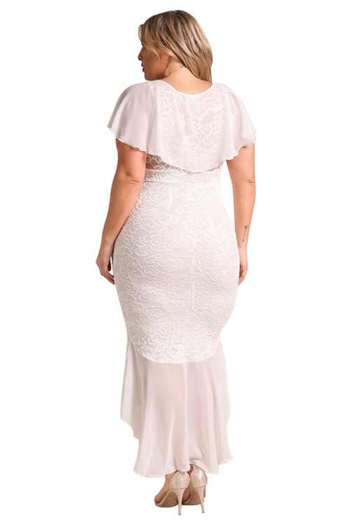 *WILD ROSE* PLUS SIZE White Chiffon Lace Waterfall Ruffle Midi Dress- XL/2XL/3XL/4XL