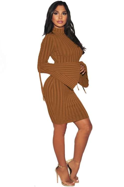 *WILD ROSE* Brown Lace Up Wide Cuff Sweater Dress - S/M/L/XL/2XL/3XL
