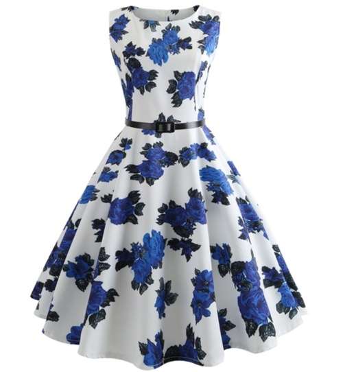 *WILD ROSE* White Blue Rose Floral Retro Style Belted A Line Vintage Swing Dress - S/M/L/XL/2XL