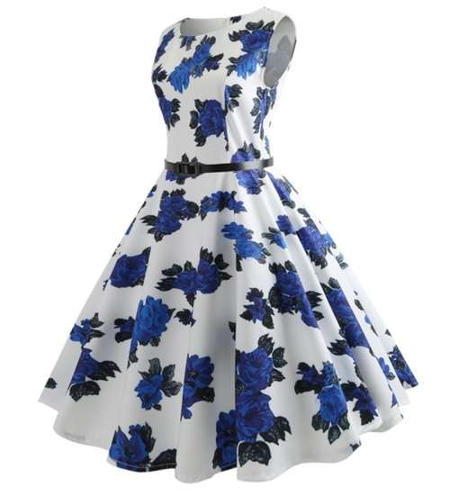 *WILD ROSE* White Blue Rose Floral Retro Style Belted A Line Vintage Swing Dress - S/M/L/XL/2XL