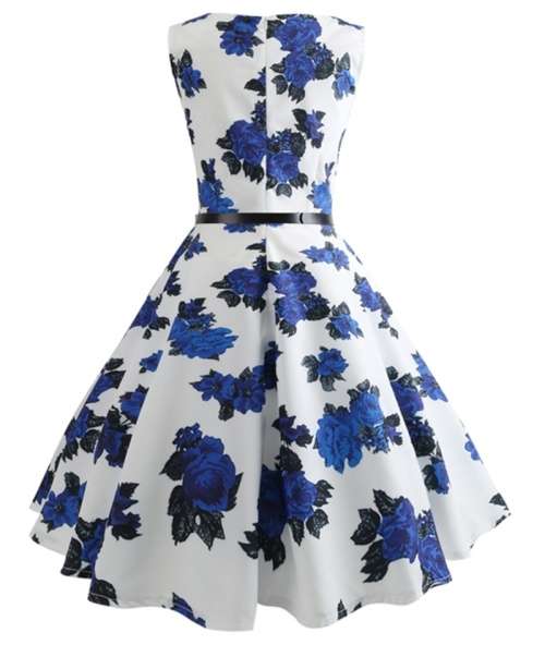 *WILD ROSE* White Blue Rose Floral Retro Style Belted A Line Vintage Swing Dress - S/M/L/XL/2XL