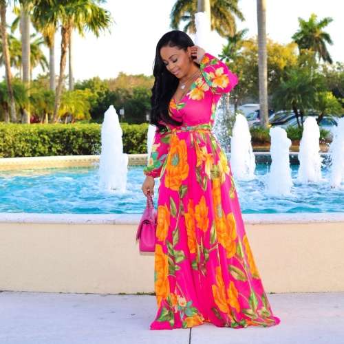 *WILD ROSE* Pink Floral V Neck Long Sleeve Belted Maxi Dress - S/M/L/XL/2XL