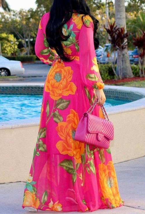 *WILD ROSE* Pink Floral V Neck Long Sleeve Belted Maxi Dress - S/M/L/XL/2XL