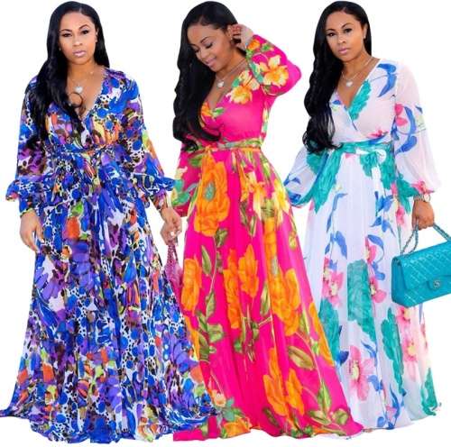 *WILD ROSE* Pink Floral V Neck Long Sleeve Belted Maxi Dress - S/M/L/XL/2XL