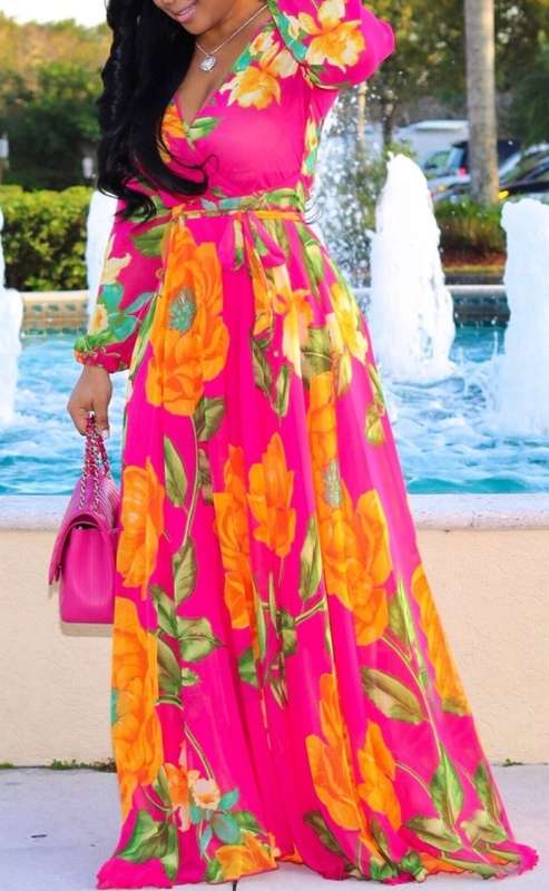 *WILD ROSE* Pink Floral V Neck Long Sleeve Belted Maxi Dress - S/M/L/XL/2XL