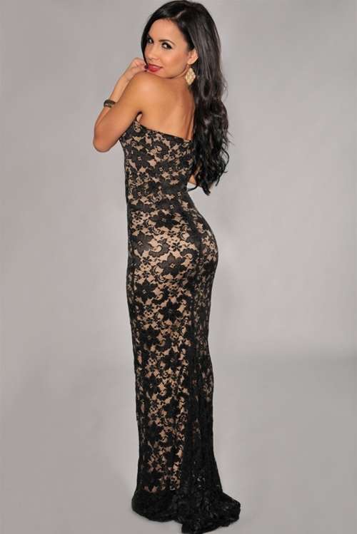 *LOCAL STOCK* Clearance! Black Lace Nude Illusion Plunging V Neck Strapless Gown - MEDIUM
