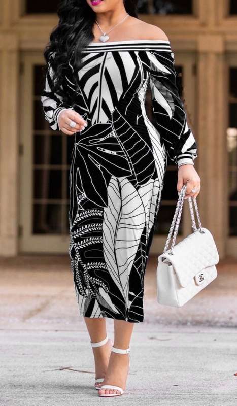 *WILD ROSE* Black Leaf Print Off Shoulder Formal Midi Dress - S/M/L/XL