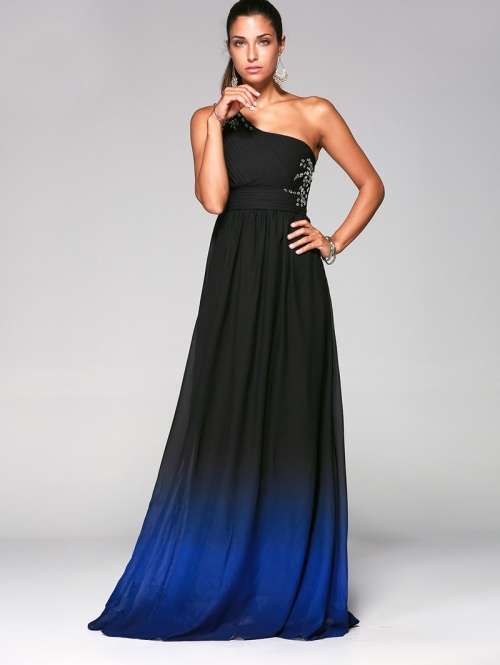 *LOCAL STOCK* Blue One Shoulder Beaded Ombre Long Evening Formal A Line Dress - LARGE