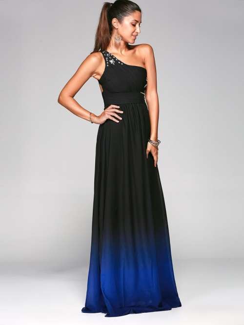 *LOCAL STOCK* Blue One Shoulder Beaded Ombre Long Evening Formal A Line Dress - LARGE
