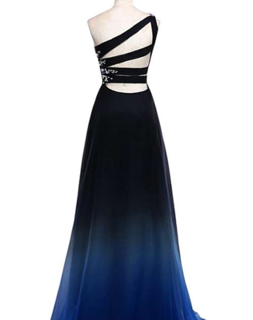 *LOCAL STOCK* Blue One Shoulder Beaded Ombre Long Evening Formal A Line Dress - LARGE