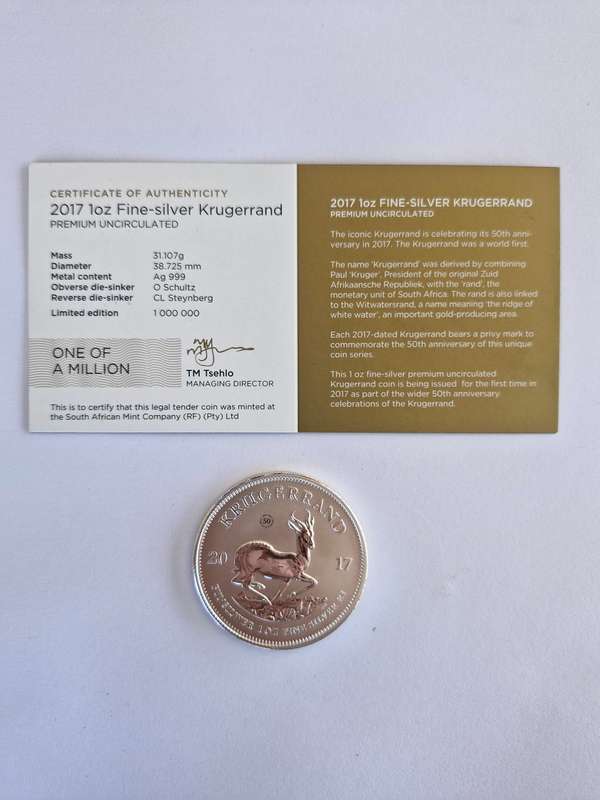 2017 1 oz Fine-silver Krugerrand (premium uncirculated)