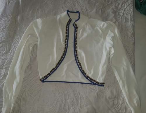 Incredibly beautiful! White cropped jersey with black, royal blue and gold trimming