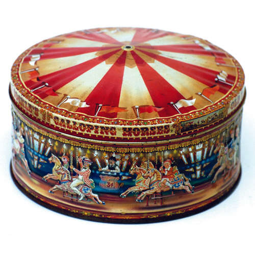 EMBOSSED DANISH CAROUSEL COOKIE TIN - TOM COCKLE'S GALLOPING HORSES - VERY GOOD CONDITION