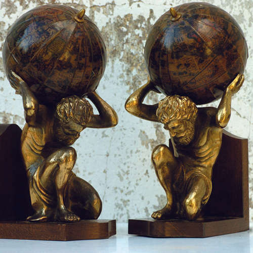VINTAGE PAIR OF ATLAS BOOKENDS - 1960's - MADE IN ITALY - ATLAS CARRYING THE WORLD ON HIS SHOULDERS