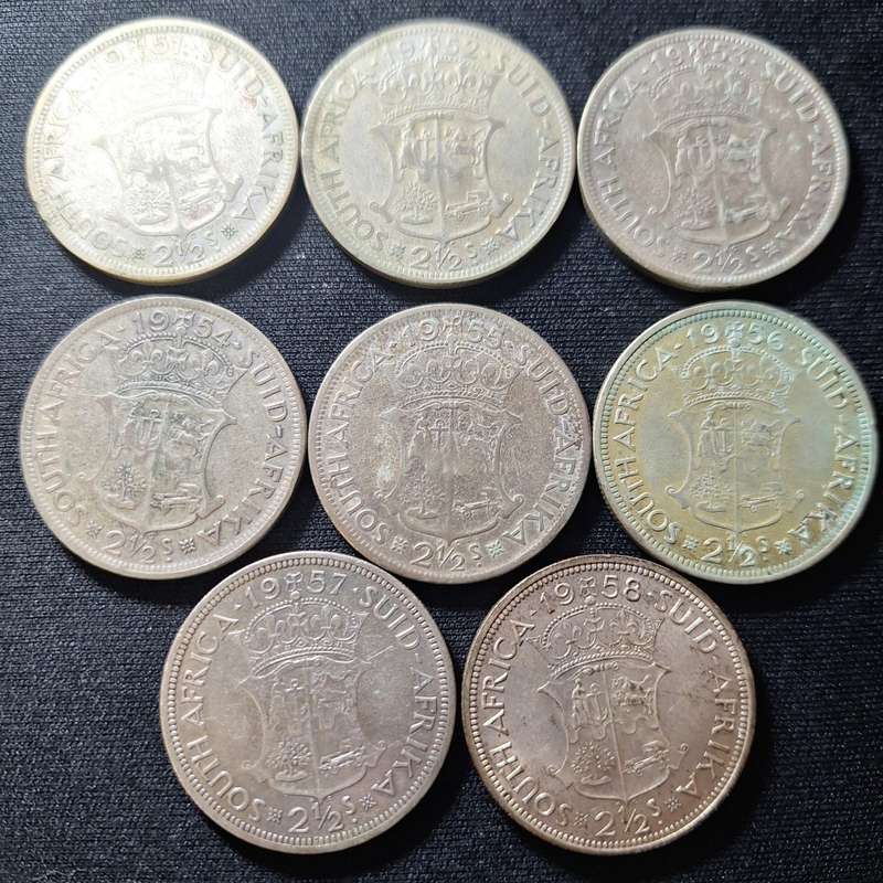 1951 - 1958 South Africa 2 1/2 Shilling Coins