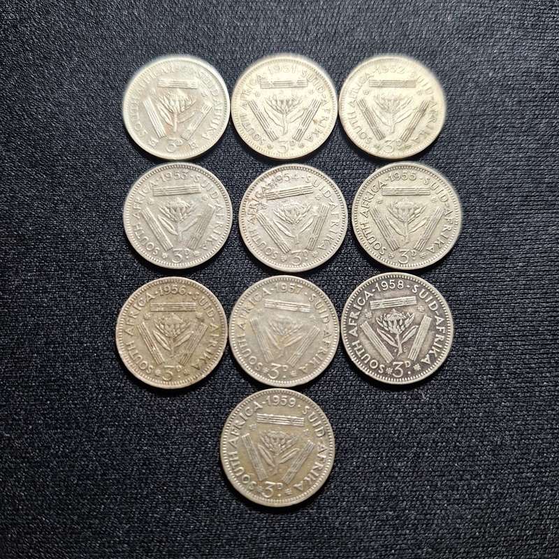 1950 - 1959 South Africa 3 Pence Coins (Tickey)