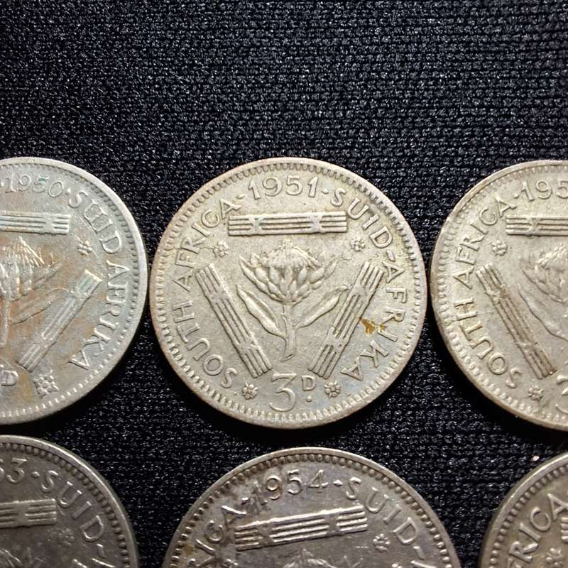 1950 - 1959 South Africa 3 Pence Coins (Tickey)