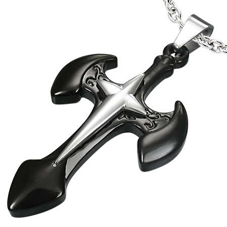 Stainless Steel 2-tone 3D Shining Star Battle Axe Cross Pendant by Dazzling Jewellers