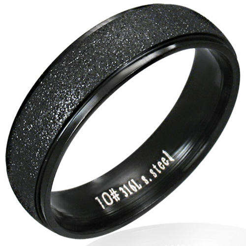 6mm Black Stainless Steel Sandblasted Step Edge Comfort Fit Band Ring by Dazzling Jewellers