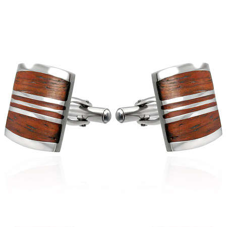 Stainless Steel 2-tone Striped Square C ufflinks w/ Wood - by Dazzling Jewellers