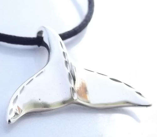 Whale Tail Pendant with adjustable Black Silk Cord. Sterling Silver