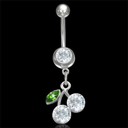 Stainless Steel Pair of Cherry Charm Dangling Belly Button Navel Ring w/ Clear & Green CZ - OCM025