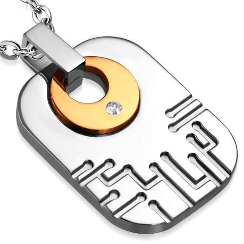 Stainless Steel 2-tone Engraved Circle Tag Rectangle Charm Pendant w/ Clear CZ - PCZ247