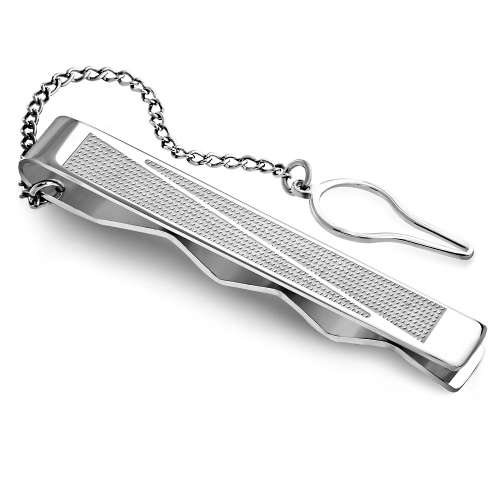 Stainless Steel Triangle Bar Mens Tie Clip w/ Chain - CCR179