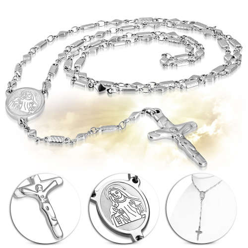 Stainless Steel Chastity Crucifix Cross Mary Rosary Beads Christian Necklace - CLA184