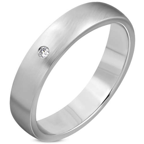 5mm | Stainless Steel Matte, Plain Half-Round Wedding Ring w/ Clear CZ Size SA Y-Z. ZRO048